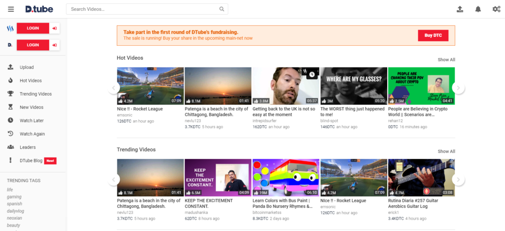 Dtube main page