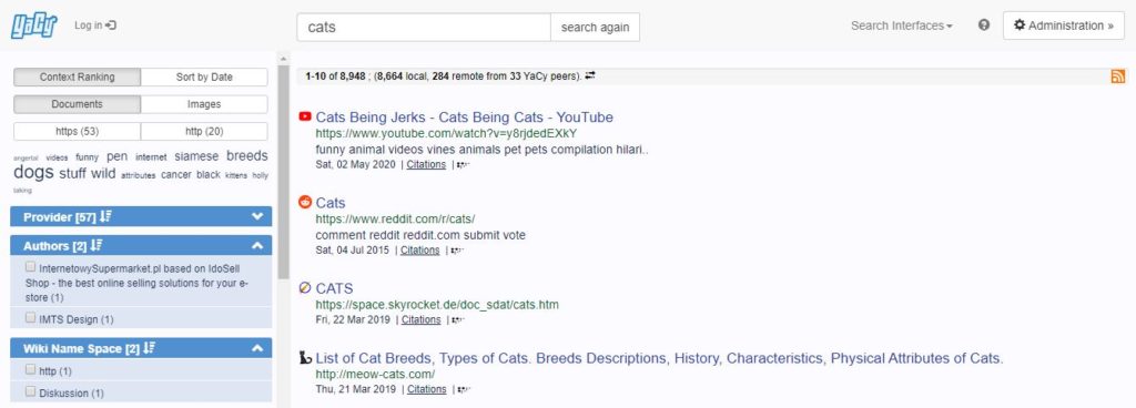YaCy search results page