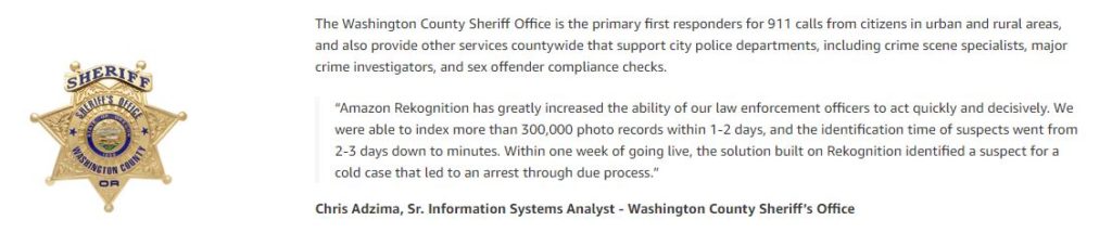 Washington County Sheriff’s Office listing among Rekognition customers
