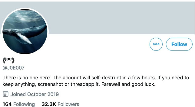 Назвавший цену BTC завышенной биткоин-кит удалился из Twitter