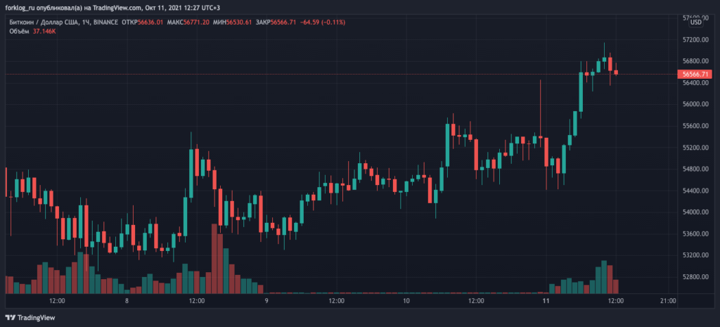 Цена биткоина скорректировалась после роста выше $57 000