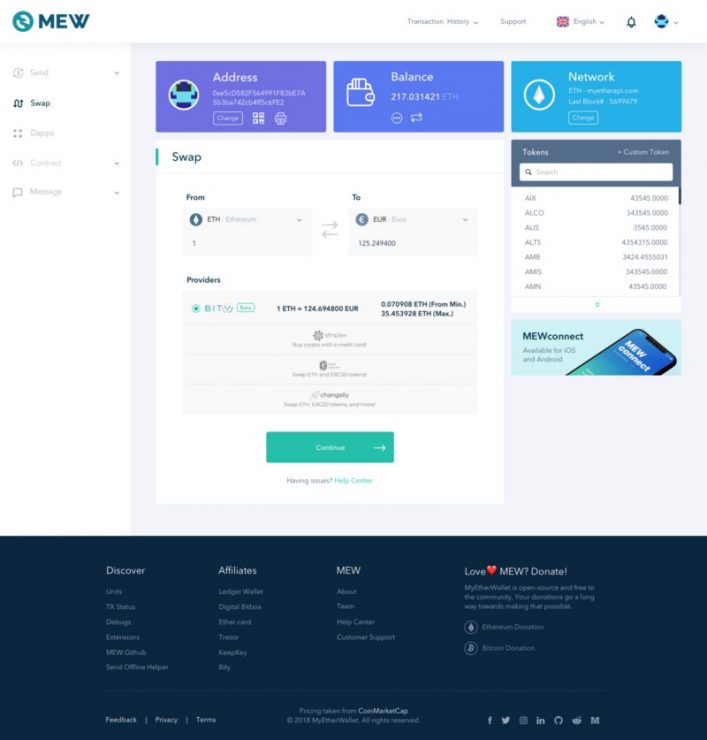 MyEtherWallet добавил вывод криптовалюты в фиат без верификации