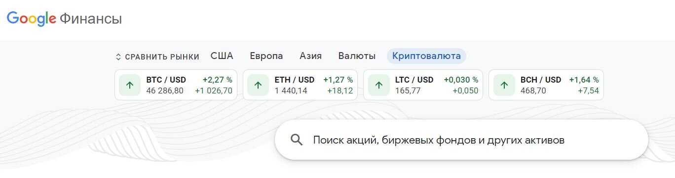 В Google Finance добавили вкладку с курсами криптовалют