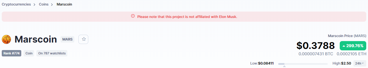 Marscoin взлетел на 2500% после твитов Илона Маска