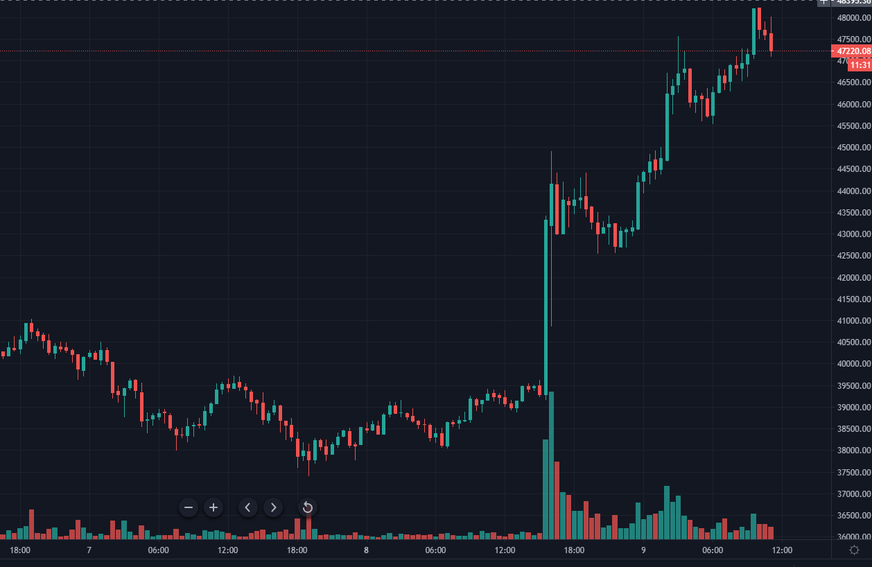 Цена биткоина протестировала отметку $48 000