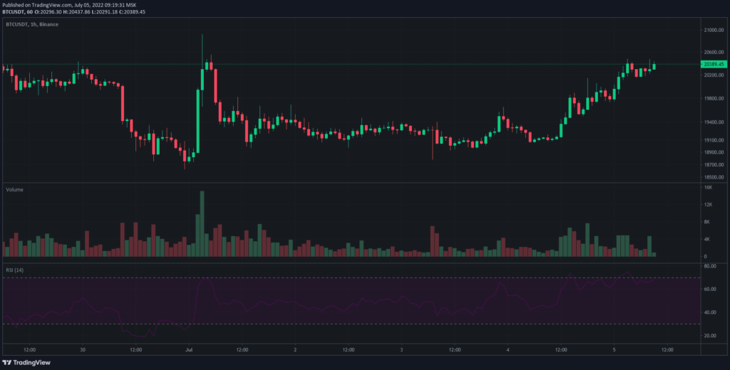 Цена биткоина вернулась к отметкам выше $20 000. Ethereum подорожала на 10%