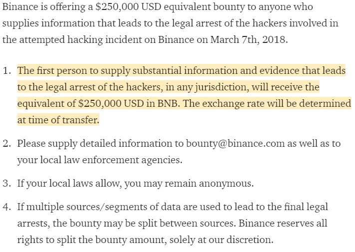 Биржа Binance выделила $10 млн в качестве наград за поимку хакеров