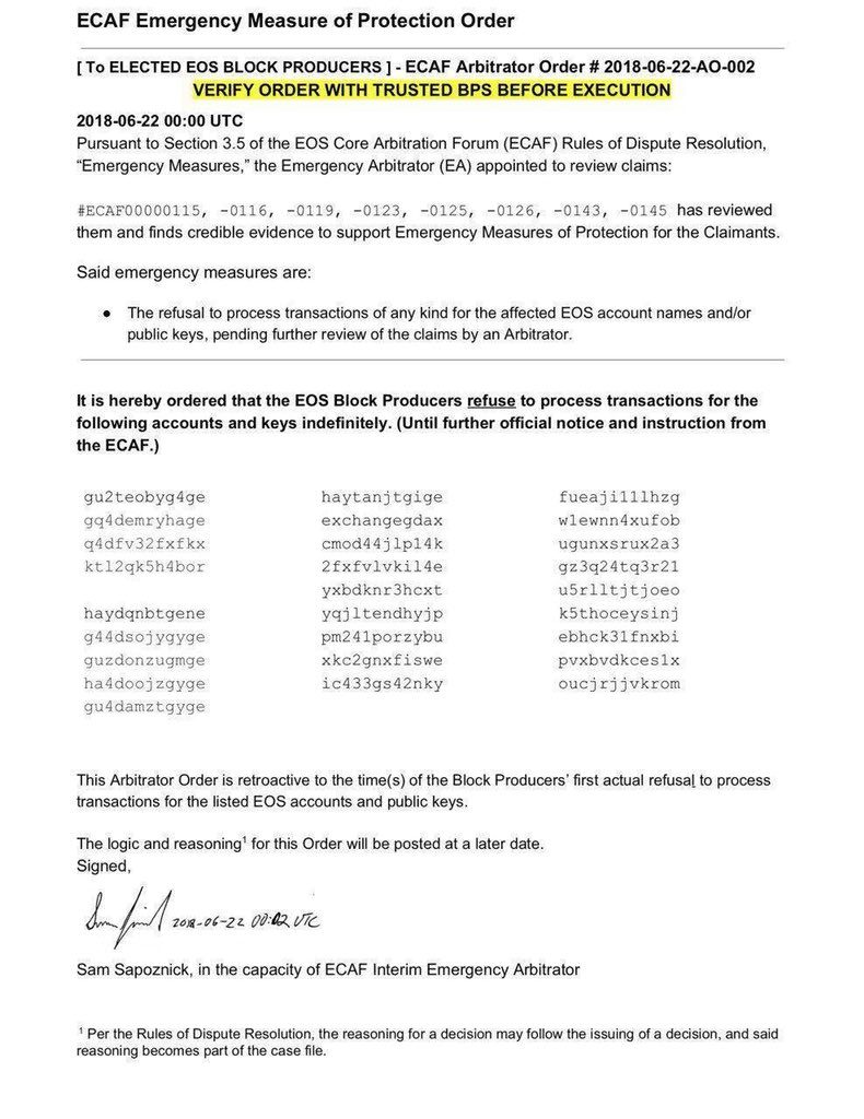 Арбитр EOS распорядился заморозить 27 аккаунтов