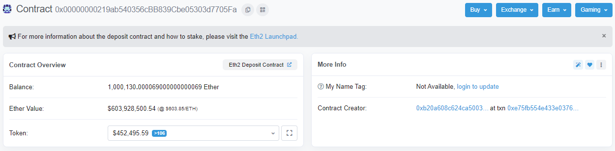 На депозитный контракт Ethereum 2.0 поступило более 1 млн ETH
