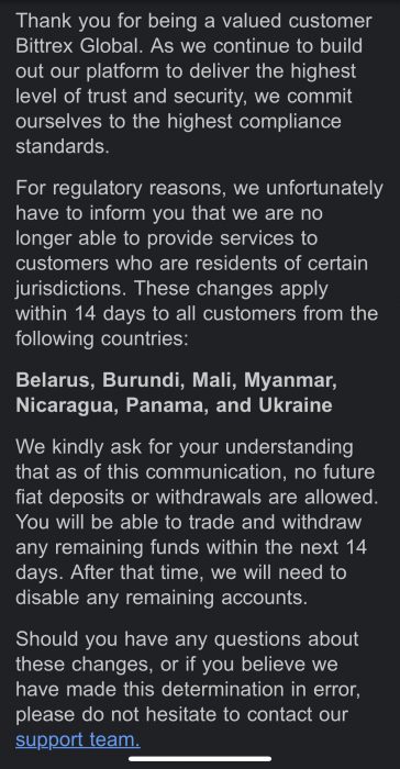 Биткоин-биржа Bittrex прекратит обслуживать пользователей из Украины и Беларуси