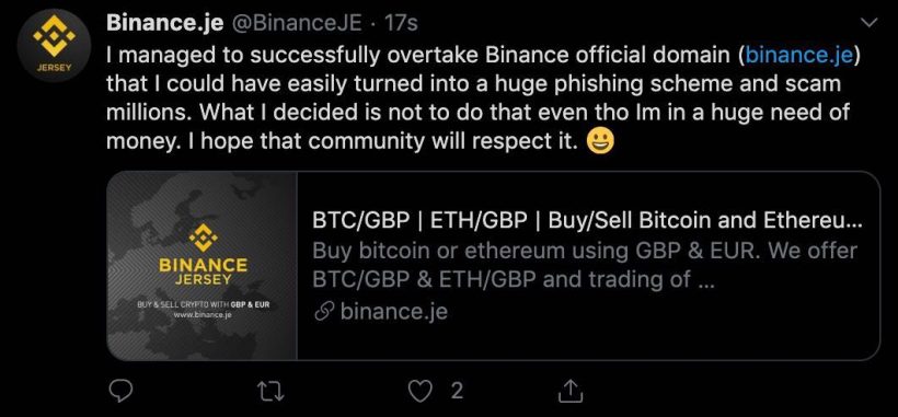 Twitter-аккаунт биржи Binance Jersey был взломан. Хакер попросил Чанпэна Чжао связаться с ним лично