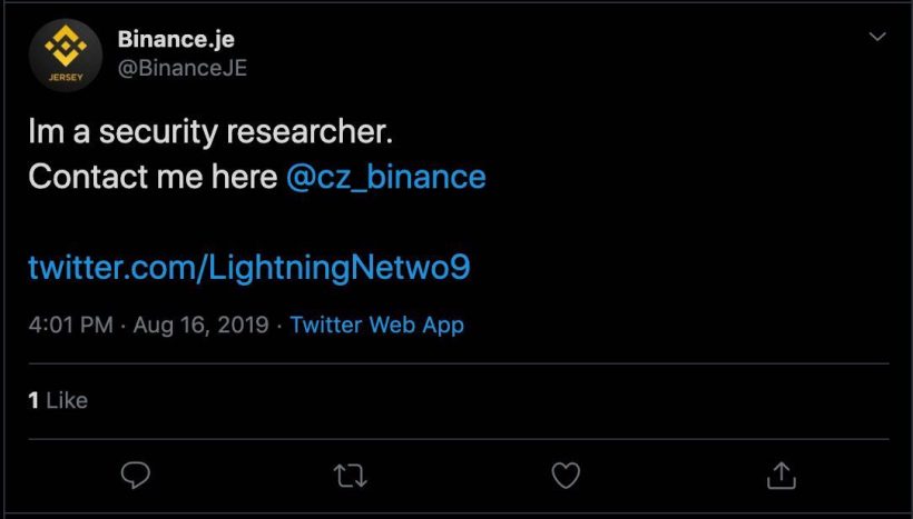 Twitter-аккаунт биржи Binance Jersey был взломан. Хакер попросил Чанпэна Чжао связаться с ним лично