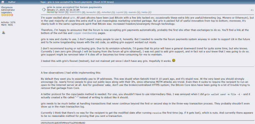 Форум Bitcointalk начал принимать к оплате криптовалюту Grin