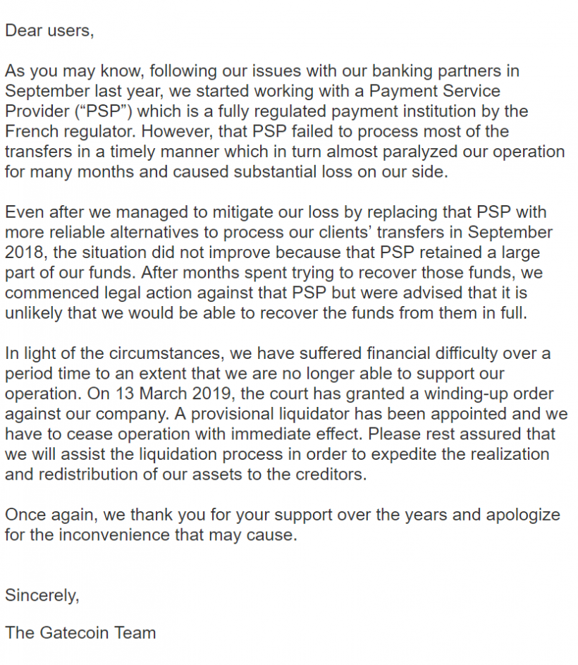 Биткоин-биржа Gatecoin прекратила деятельность по решению суда