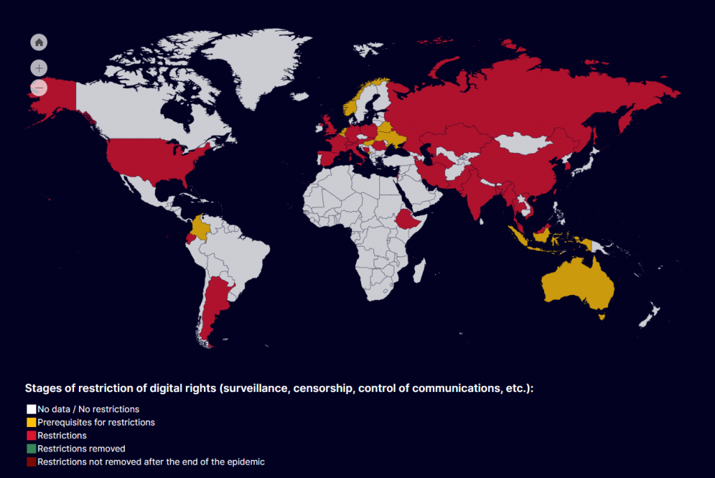 An interactive map showing the extent of restriction of digital rights