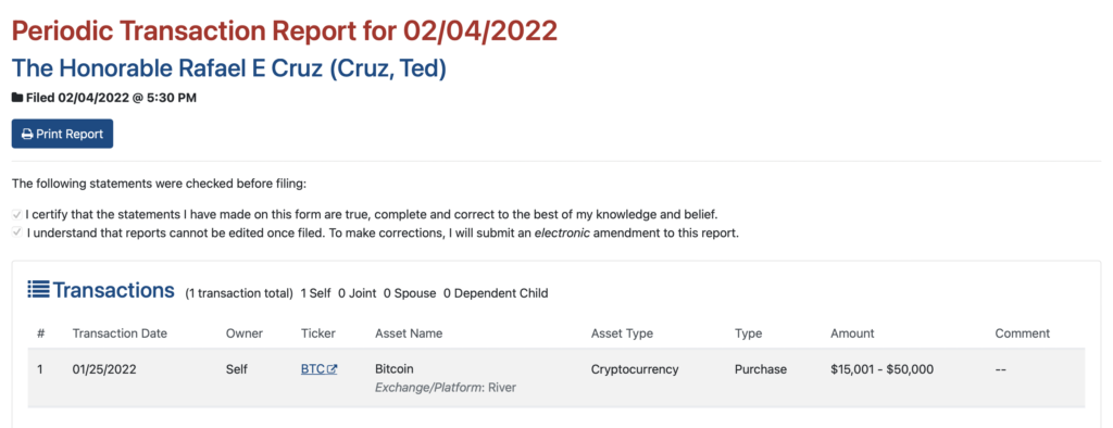 Сенатор США Тед Круз раскрыл инвестиции в биткоин