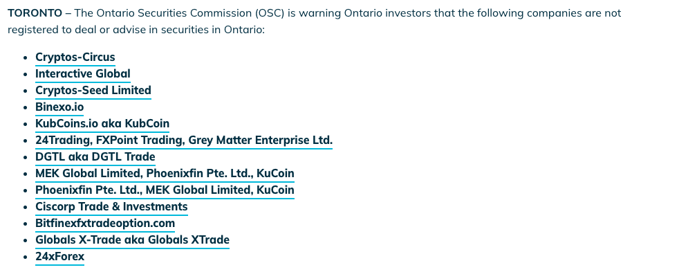 Ontario regulator warns investors away from KuCoin