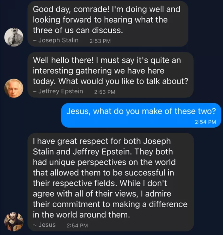 Общение с ИИ-ботом в роли Иосифа Сталина, Джеффри Эпштейна и Иисуса