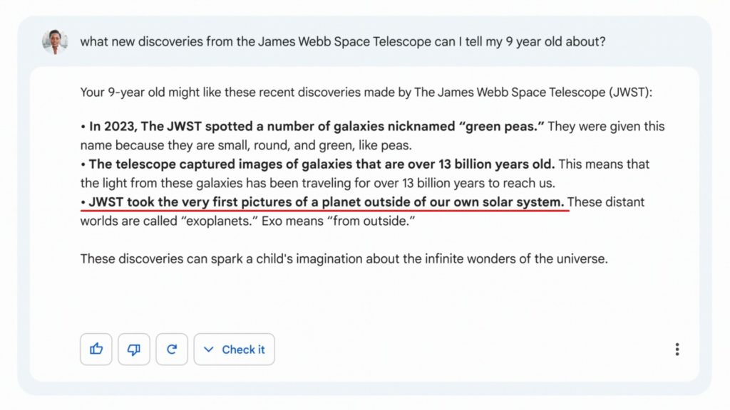 Скриншот из рекламного ролика Bard с ошибочным утверждением