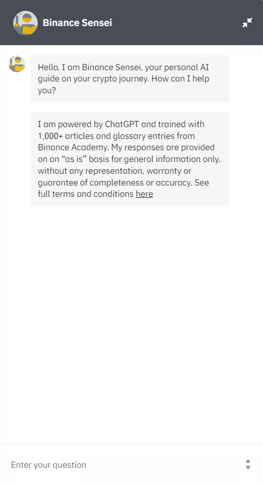 Интерфейс чат-бота Binance Sensei