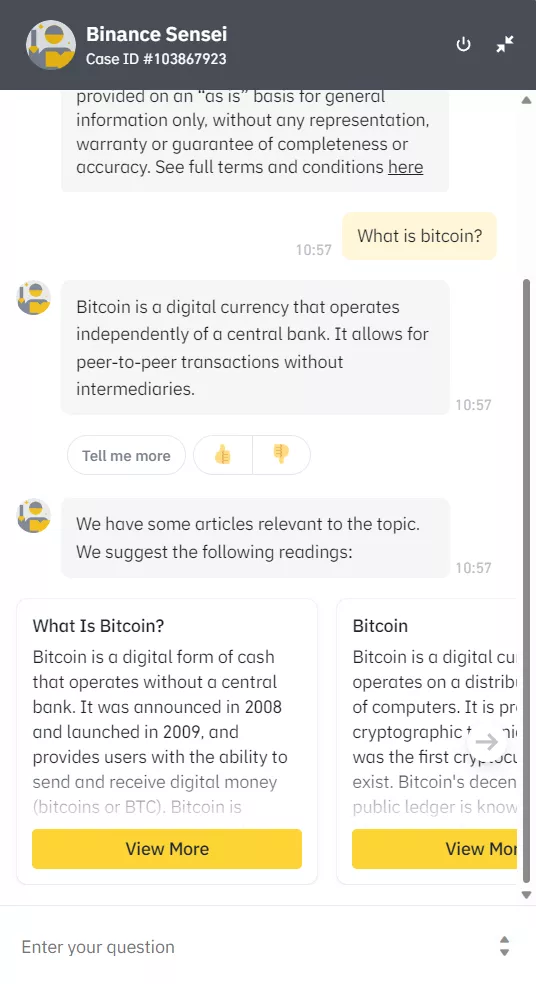 Интерфейс чат-бота Binance Sensei