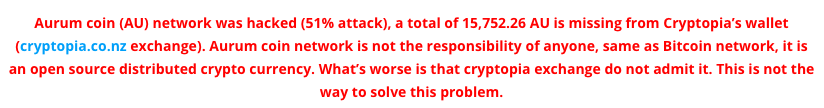 Вследствие атаки 51% на AurumCoin с биржи Cryptopia похищено более $500 000