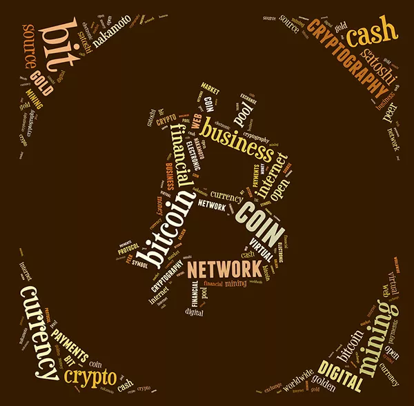 Bitcoin Logo Word Cloud With Brown Wordings