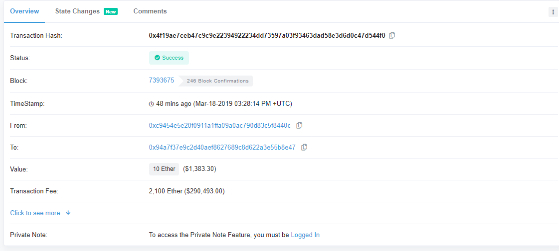 В сети Ethereum вновь прошла транзакция с аномально высокой комиссией