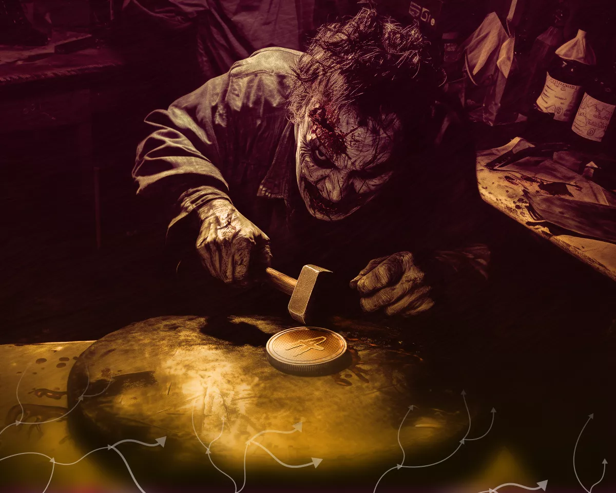 маньяк-убийца забивает молотком альткоин, death of altcoins, fall of cryptocurrency
