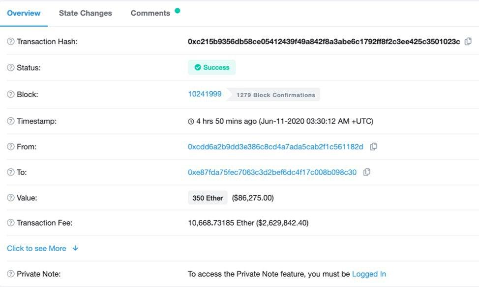 Пользователь Ethereum вновь заплатил рекордные $2,6 млн за отправку 350 ETH