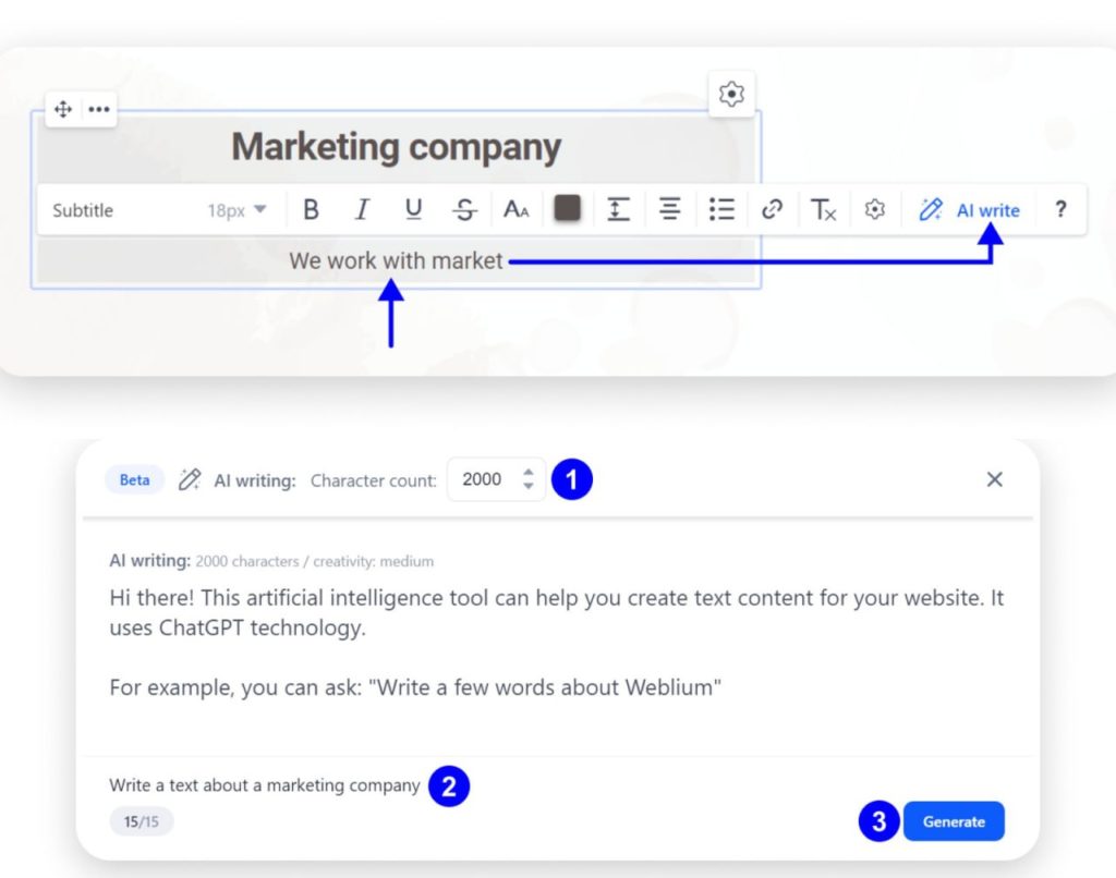 Интерфейс конструктора Weblium со встроенным ChatGPT