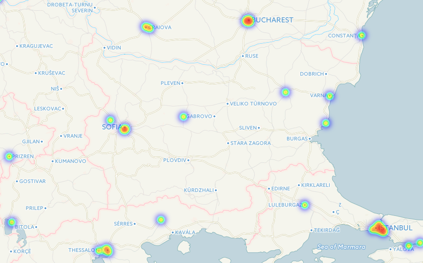 Карта биткоин-активности Болгарии (coinmap.org)