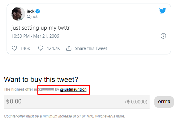 Джек Дорси выставил на продажу свой первый твит. Джастин Сан предложил за него $2 млн