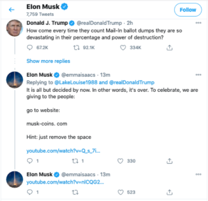 Мошенники от имени Илона Маска продвигали в Twitter криптоскам под постом Трампа