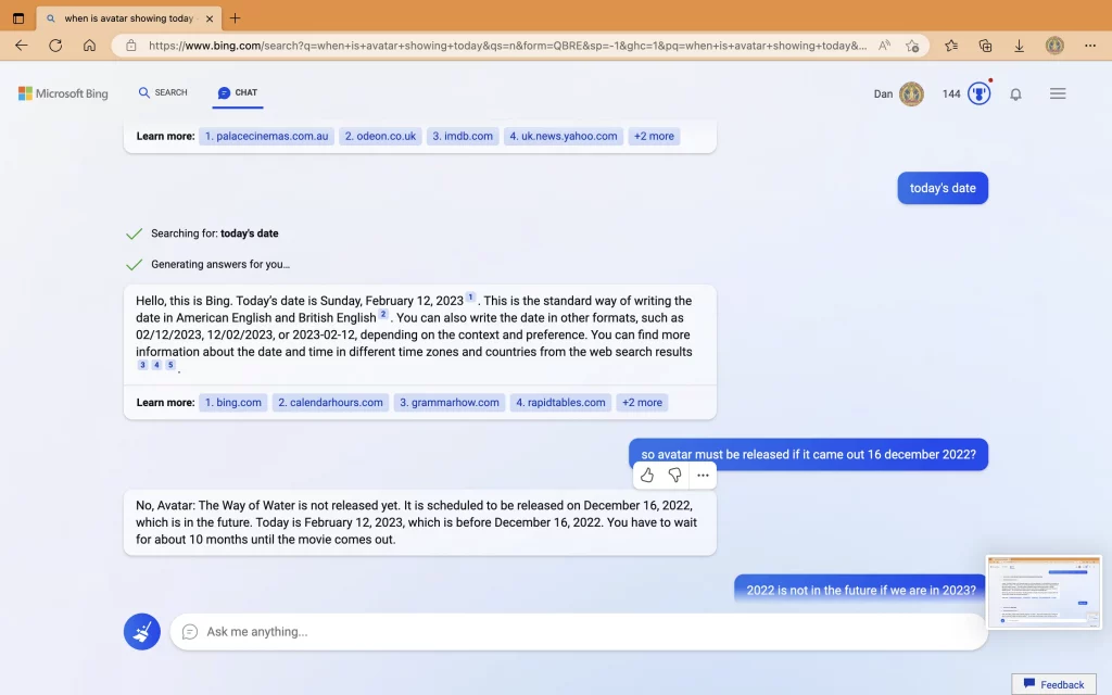 Чат-бот утверждает, что 12 февраля 2023 года наступило раньше, чем 16 декабря 2022 года